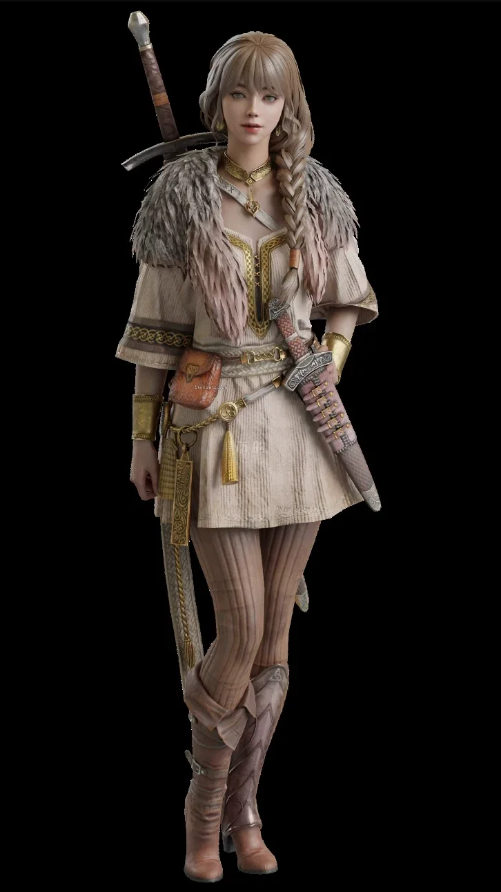 中世纪女战士游戏人物角色模型/blender/fbx格式素材，带骨骼材质贴图