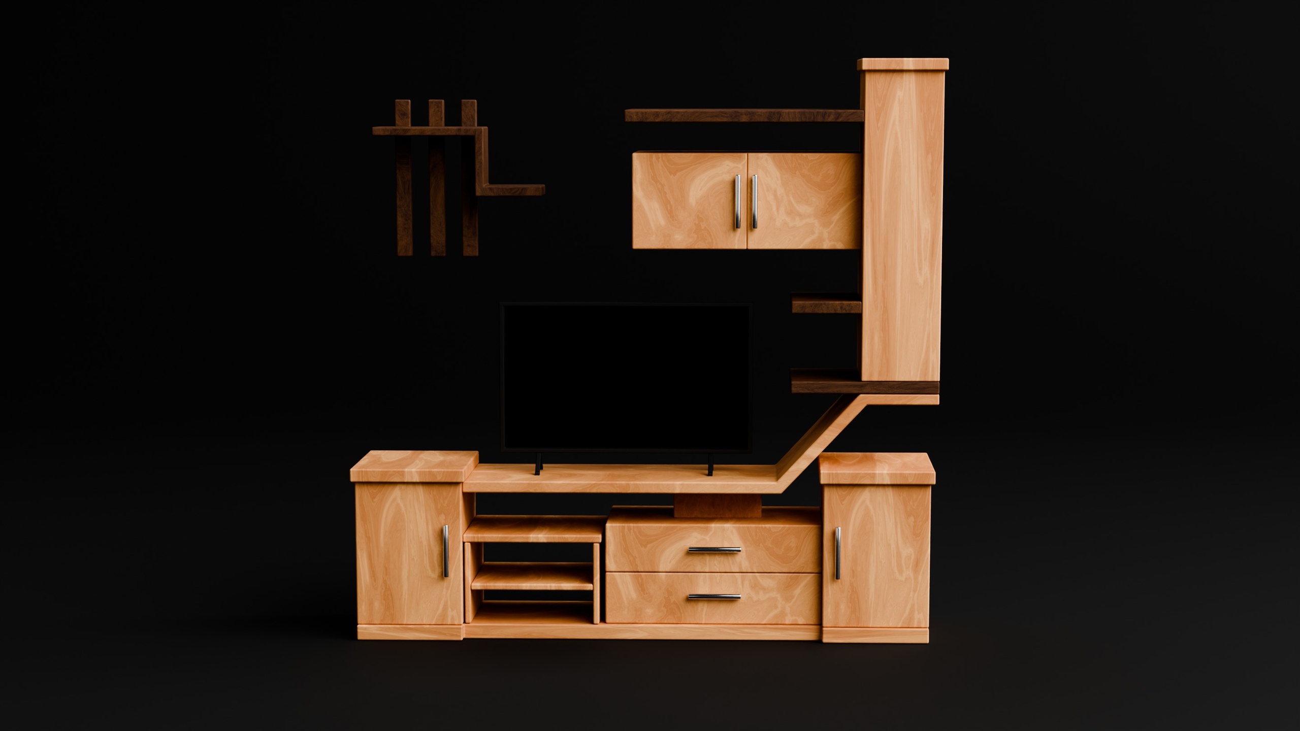 Modern Wooden TV Cabinet with Wall Shelves【现代木质电视柜，带墙面搁板】
